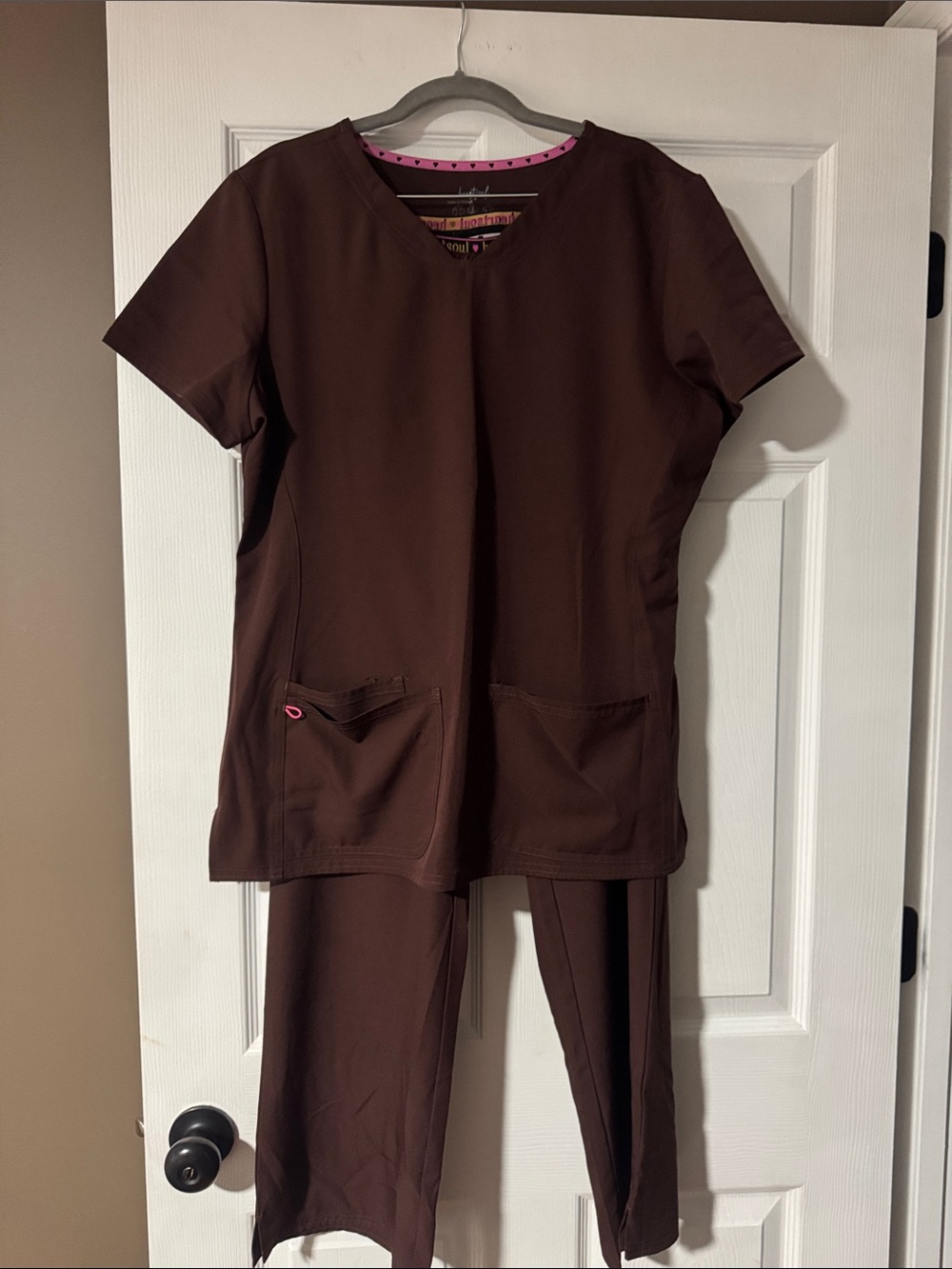 Women’s Brown Scrub Top & Pant Set — Comfortable V-Neck Workwear